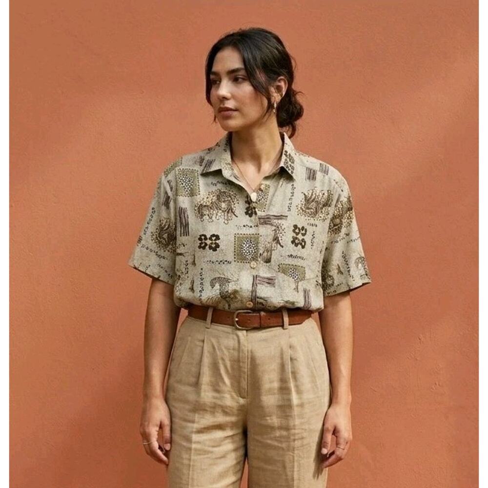 Vtg Willow Bay Safari Jungle Cat Print Button Up Shirt 1X Plus Tiger Leopard USA